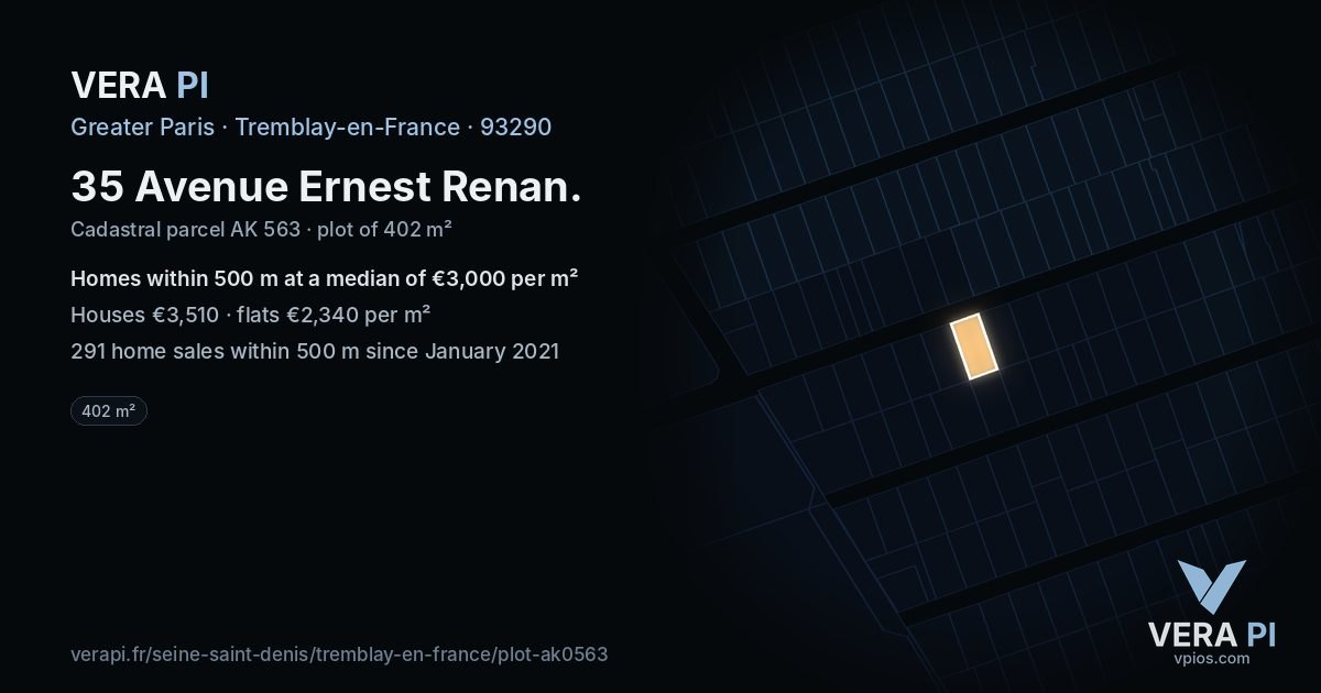35 Avenue Ernest Renan, Tremblay-en-France at night – the plot lit, the parcels around coloured by the prices near them