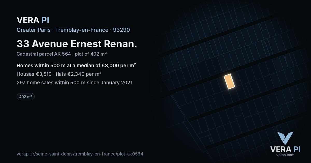 33 Avenue Ernest Renan, Tremblay-en-France at night – the plot lit, the parcels around coloured by the prices near them