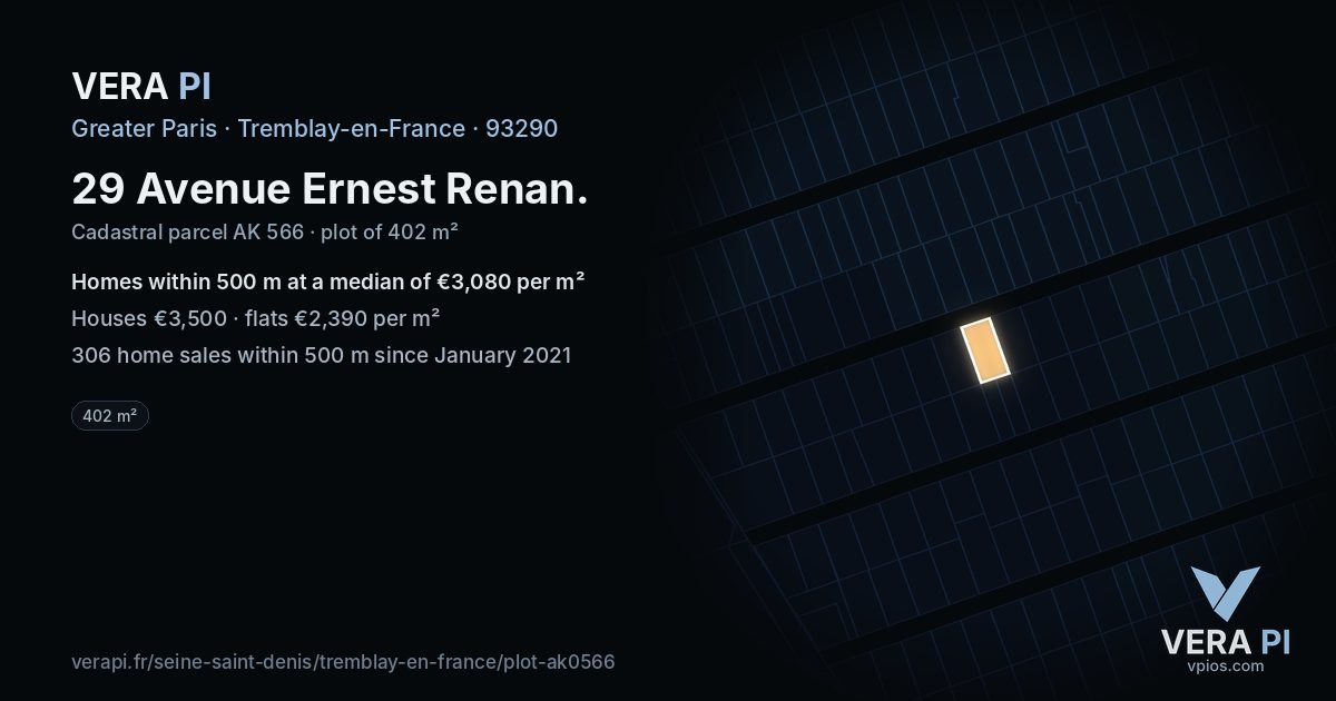 29 Avenue Ernest Renan, Tremblay-en-France at night – the plot lit, the parcels around coloured by the prices near them
