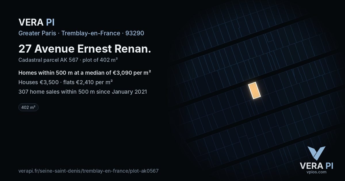27 Avenue Ernest Renan, Tremblay-en-France at night – the plot lit, the parcels around coloured by the prices near them