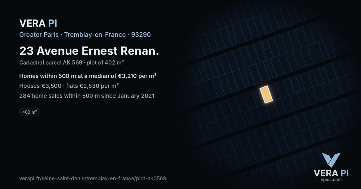 23 Avenue Ernest Renan, Tremblay-en-France at night – the plot lit, the parcels around coloured by the prices near them