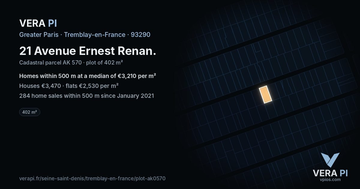 21 Avenue Ernest Renan, Tremblay-en-France at night – the plot lit, the parcels around coloured by the prices near them