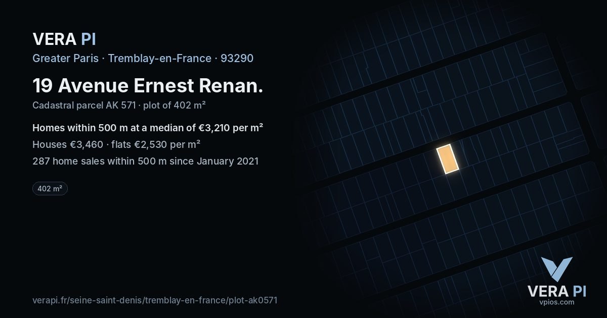 19 Avenue Ernest Renan, Tremblay-en-France at night – the plot lit, the parcels around coloured by the prices near them