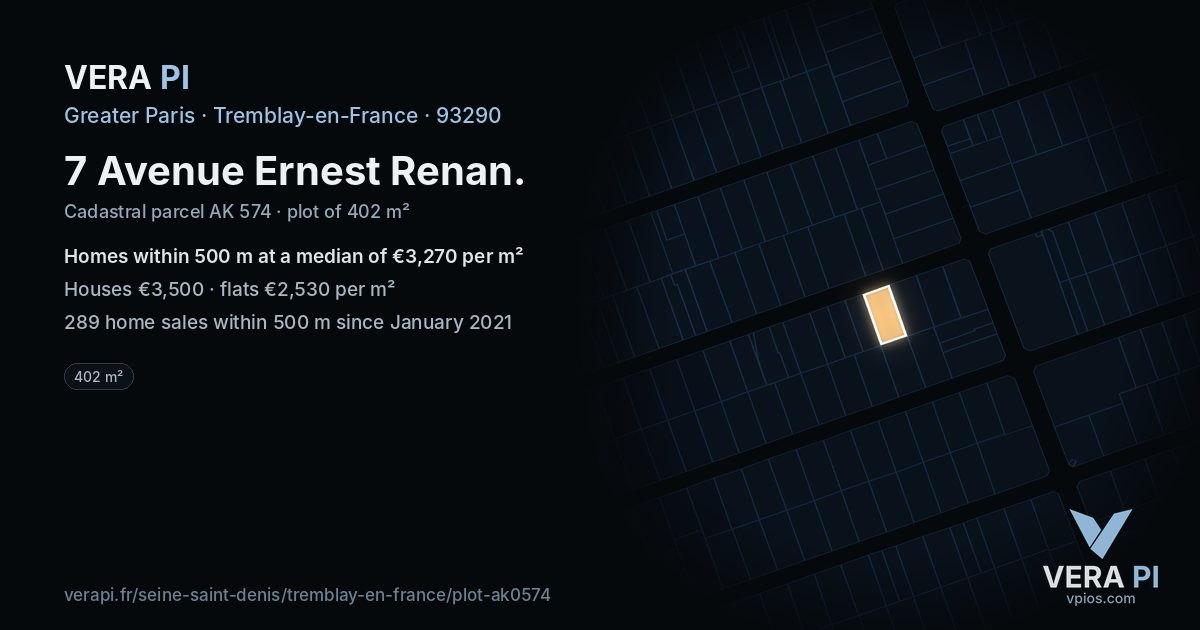 7 Avenue Ernest Renan, Tremblay-en-France at night – the plot lit, the parcels around coloured by the prices near them