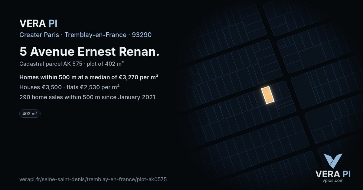 5 Avenue Ernest Renan, Tremblay-en-France at night – the plot lit, the parcels around coloured by the prices near them