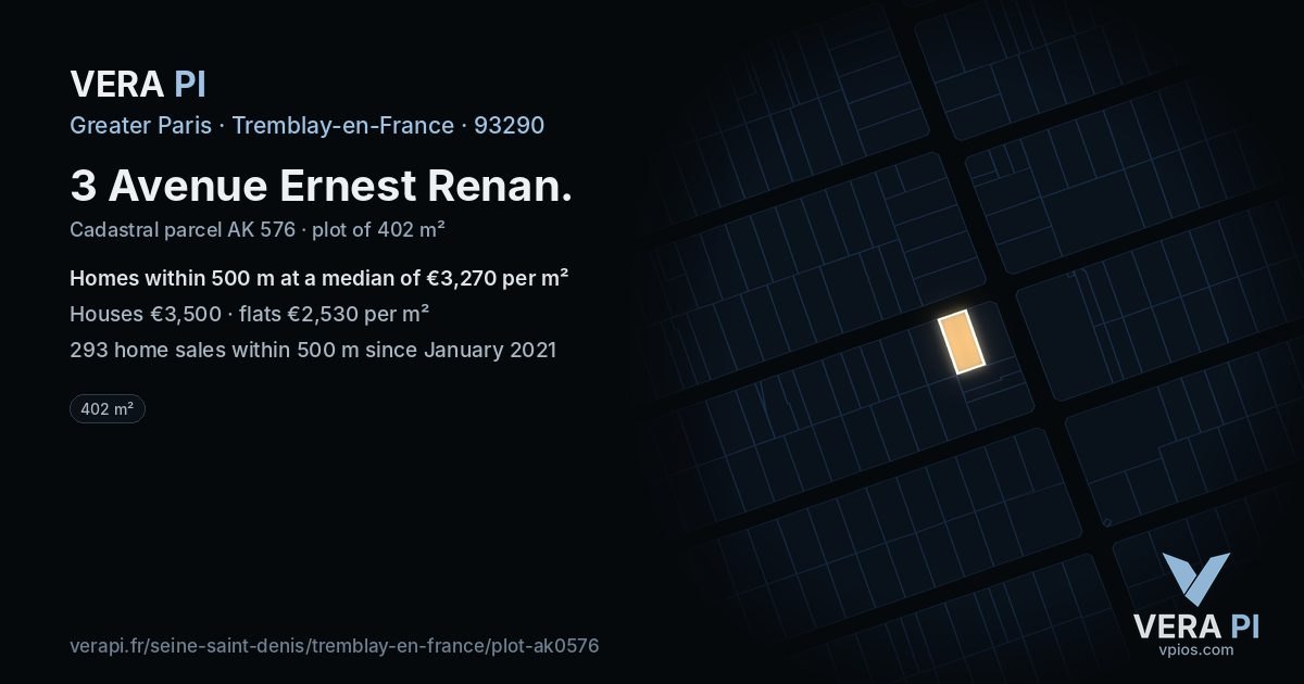 3 Avenue Ernest Renan, Tremblay-en-France at night – the plot lit, the parcels around coloured by the prices near them