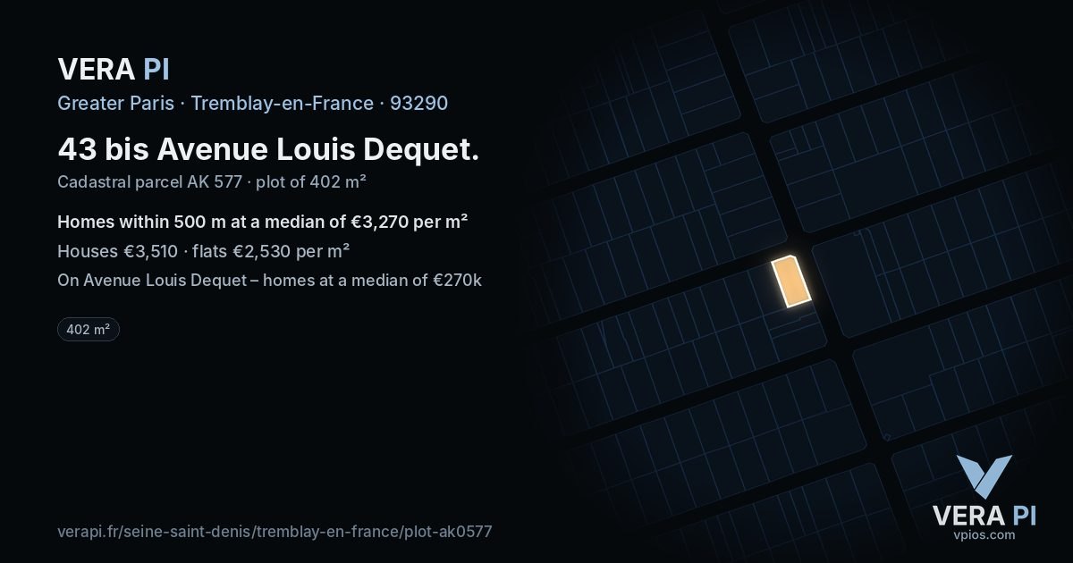 43 bis Avenue Louis Dequet, Tremblay-en-France at night – the plot lit, the parcels around coloured by the prices near them
