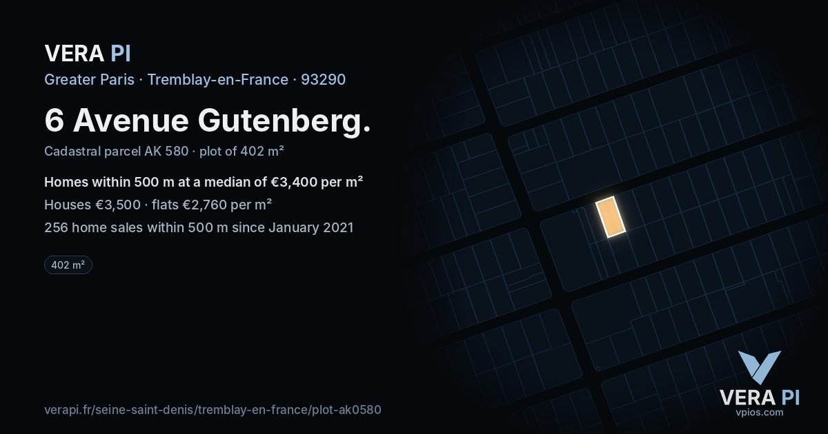6 Avenue Gutenberg, Tremblay-en-France at night – the plot lit, the parcels around coloured by the prices near them