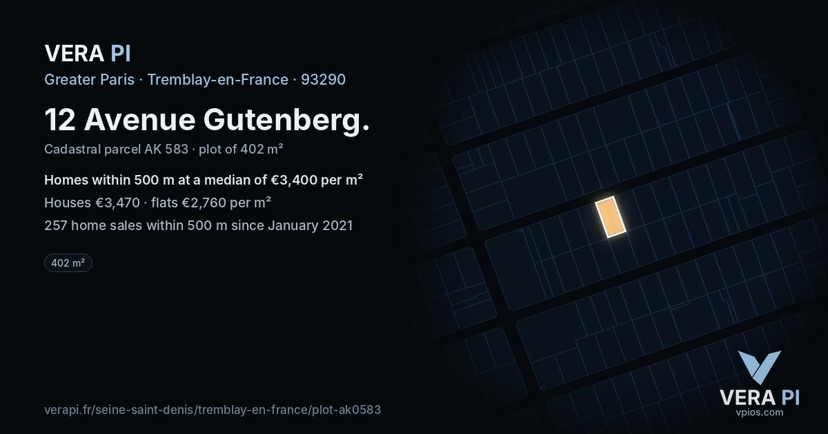 12 Avenue Gutenberg, Tremblay-en-France at night – the plot lit, the parcels around coloured by the prices near them
