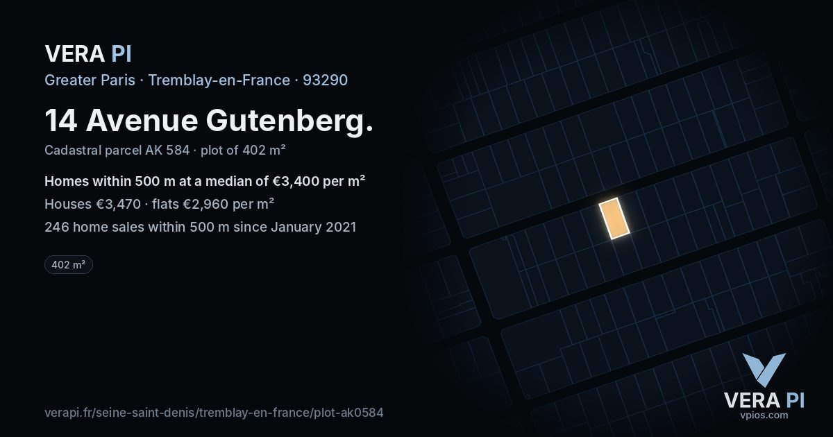 14 Avenue Gutenberg, Tremblay-en-France at night – the plot lit, the parcels around coloured by the prices near them