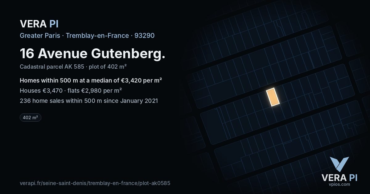 16 Avenue Gutenberg, Tremblay-en-France at night – the plot lit, the parcels around coloured by the prices near them