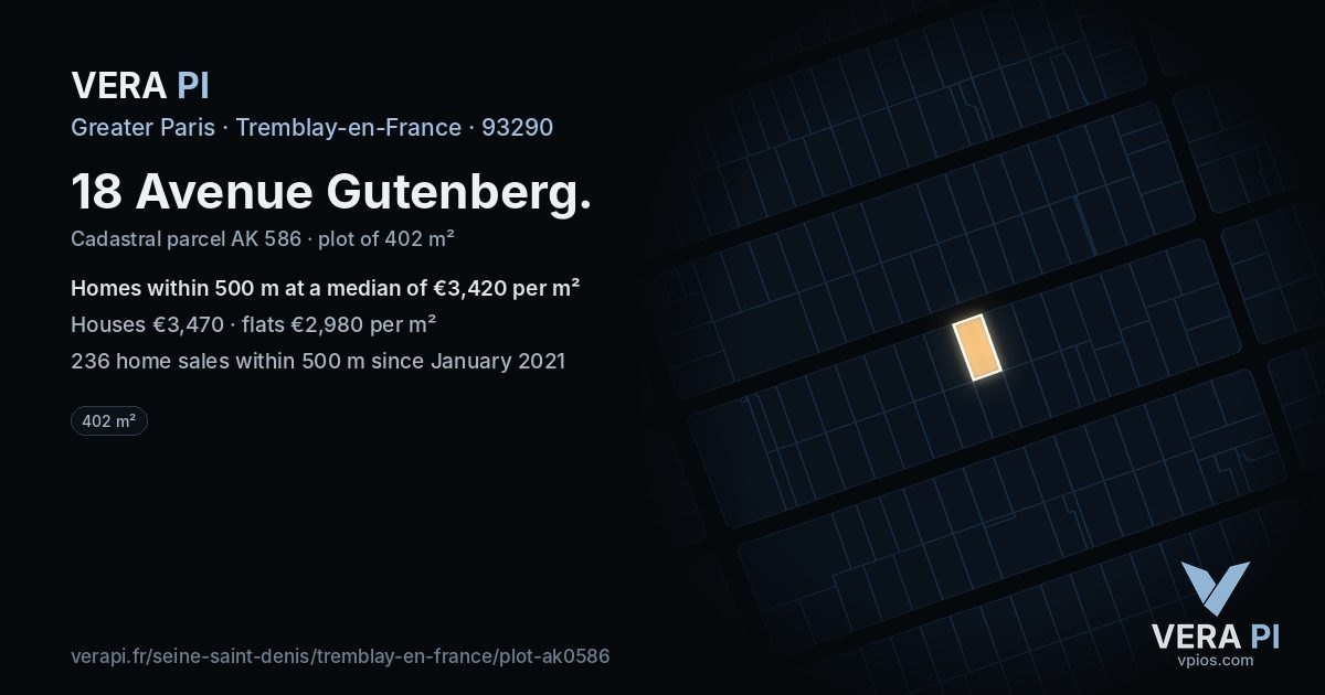 18 Avenue Gutenberg, Tremblay-en-France at night – the plot lit, the parcels around coloured by the prices near them
