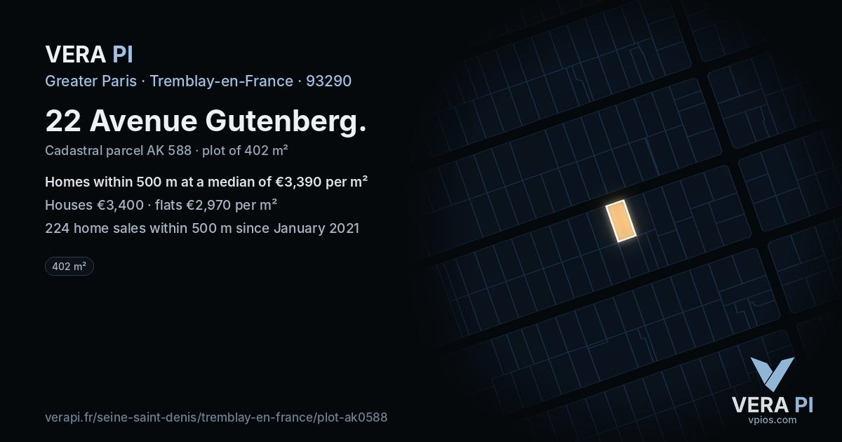 22 Avenue Gutenberg, Tremblay-en-France at night – the plot lit, the parcels around coloured by the prices near them