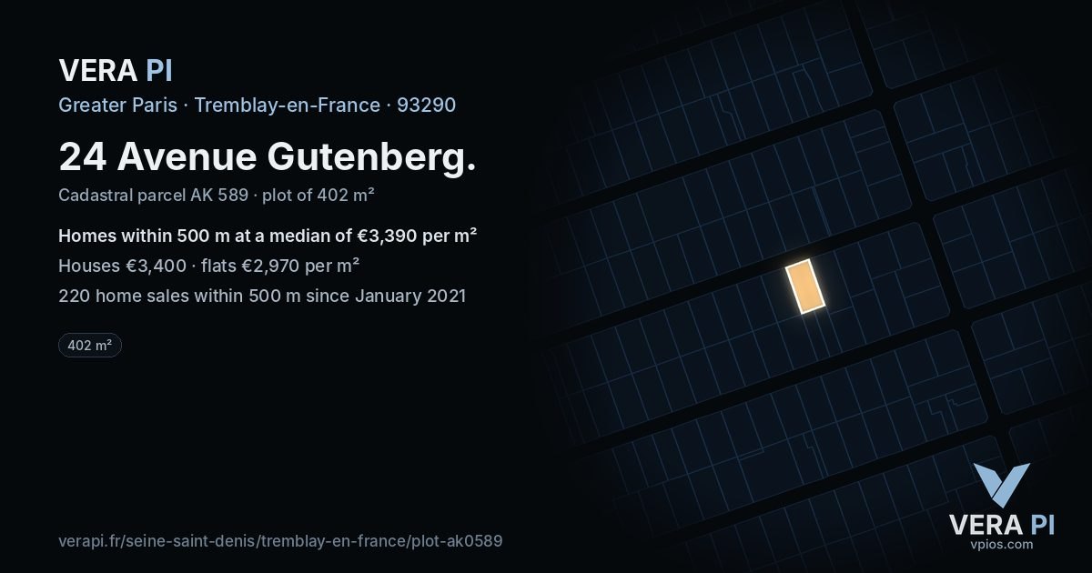 24 Avenue Gutenberg, Tremblay-en-France at night – the plot lit, the parcels around coloured by the prices near them