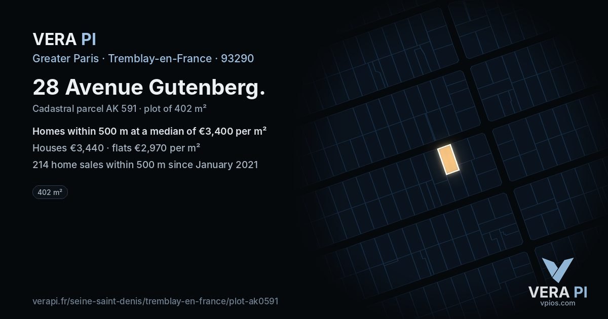 28 Avenue Gutenberg, Tremblay-en-France at night – the plot lit, the parcels around coloured by the prices near them
