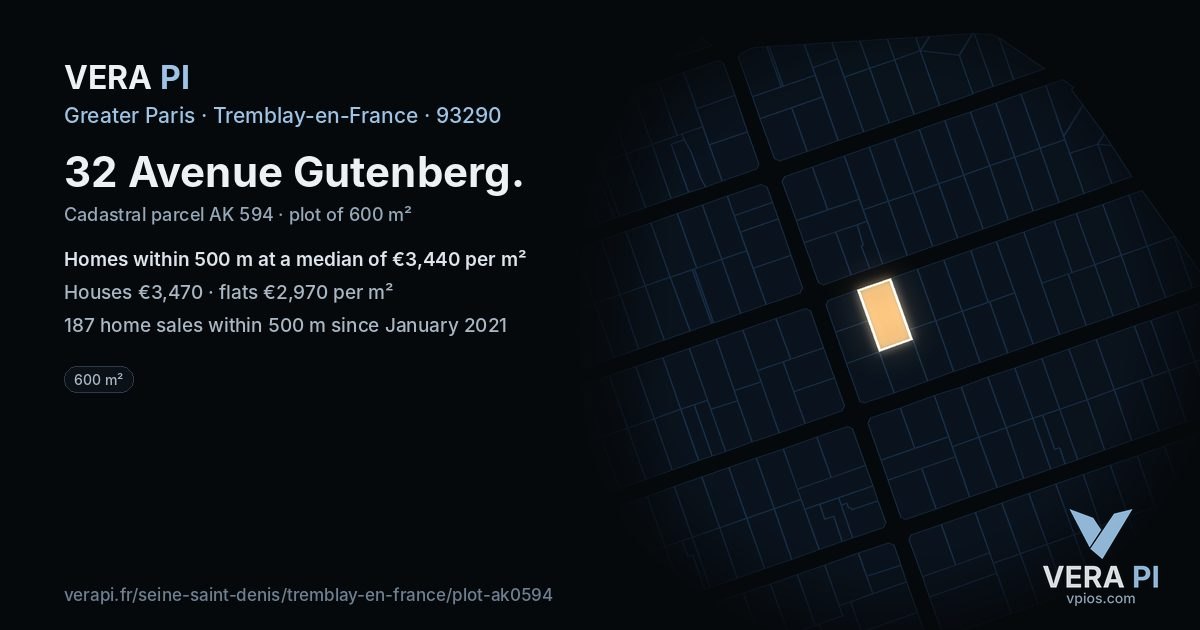 32 Avenue Gutenberg, Tremblay-en-France at night – the plot lit, the parcels around coloured by the prices near them