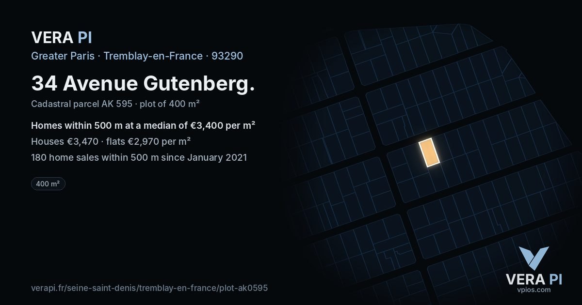 34 Avenue Gutenberg, Tremblay-en-France at night – the plot lit, the parcels around coloured by the prices near them