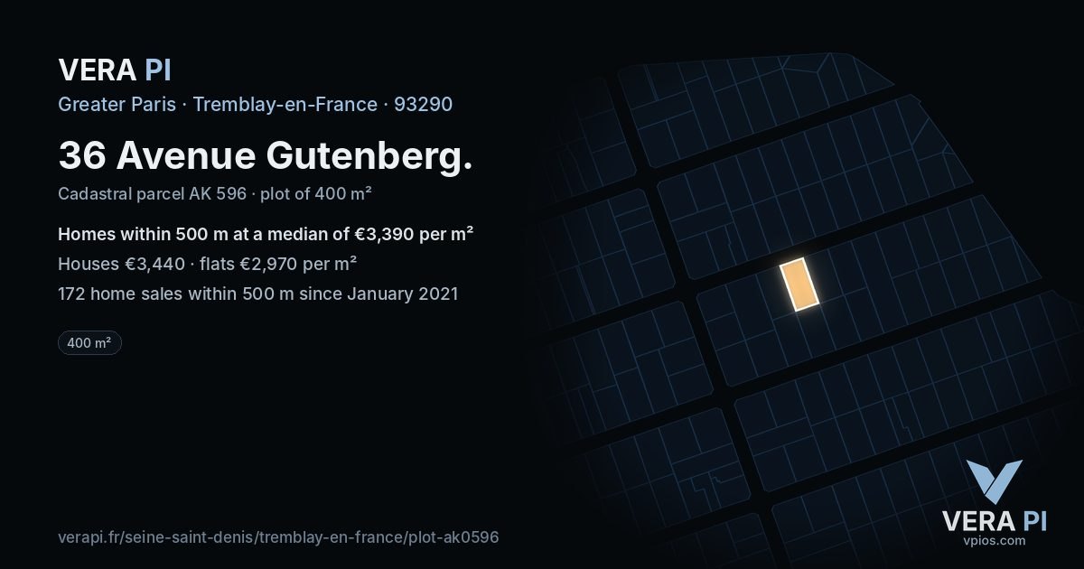 36 Avenue Gutenberg, Tremblay-en-France at night – the plot lit, the parcels around coloured by the prices near them