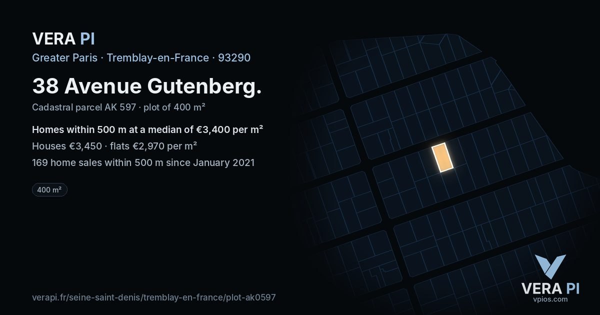 38 Avenue Gutenberg, Tremblay-en-France at night – the plot lit, the parcels around coloured by the prices near them