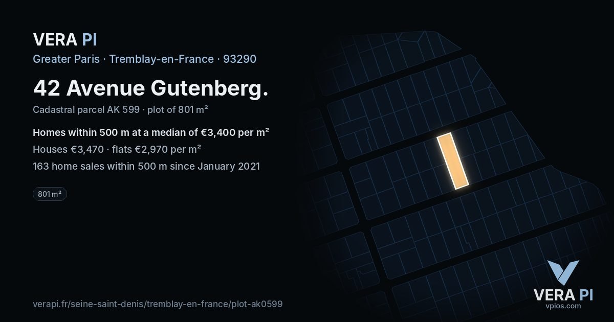 42 Avenue Gutenberg, Tremblay-en-France at night – the plot lit, the parcels around coloured by the prices near them