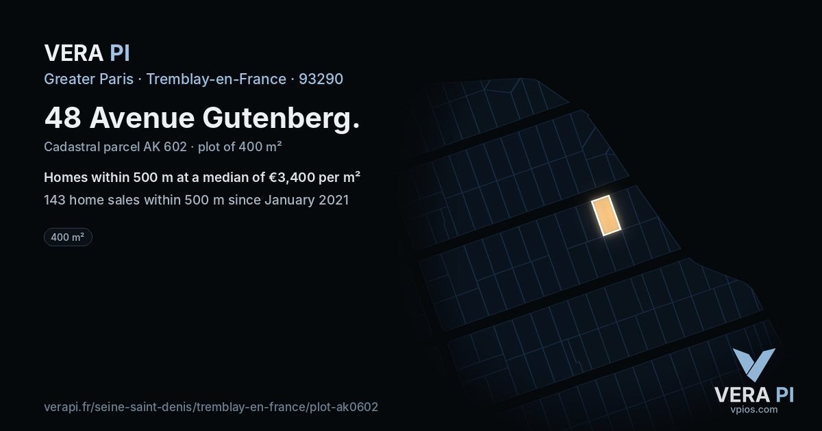 48 Avenue Gutenberg, Tremblay-en-France at night – the plot lit, the parcels around coloured by the prices near them