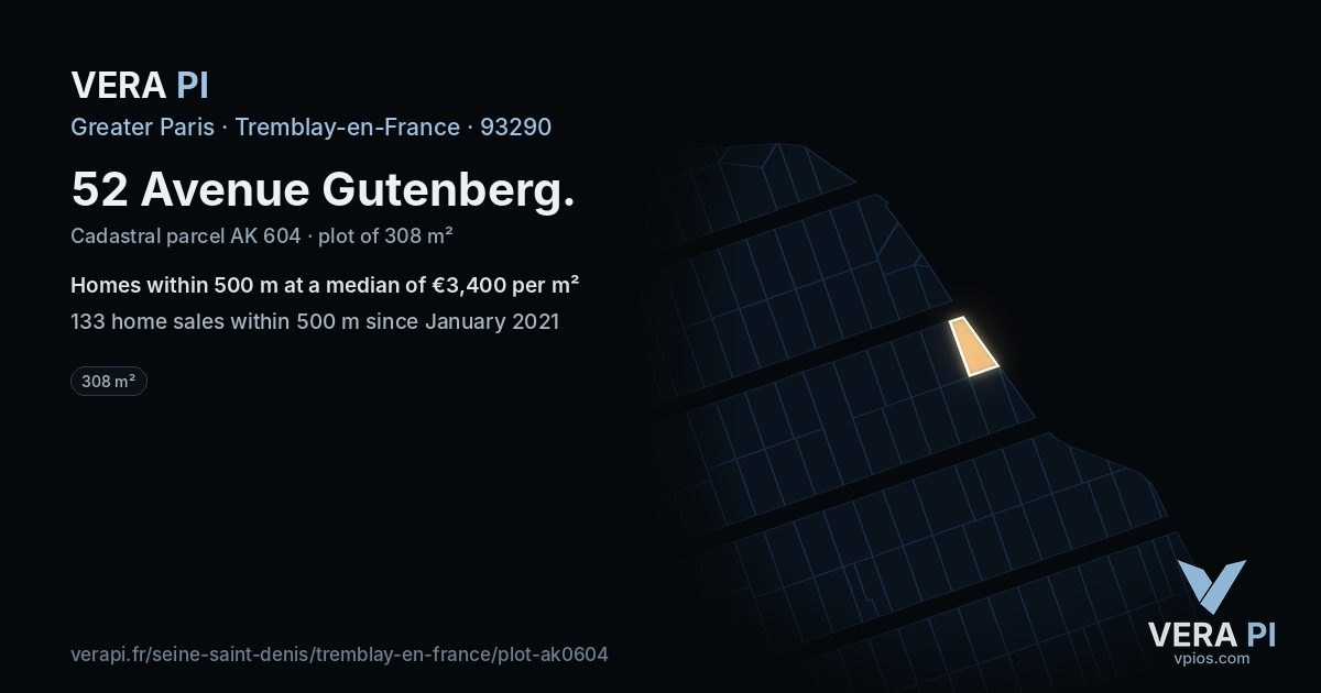 52 Avenue Gutenberg, Tremblay-en-France at night – the plot lit, the parcels around coloured by the prices near them