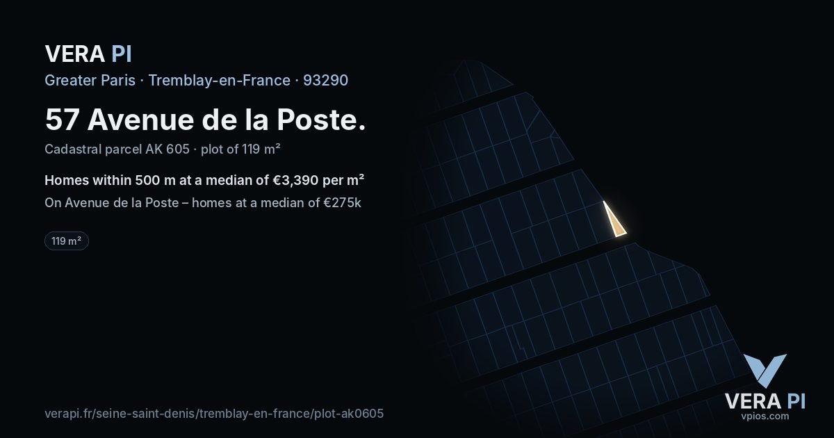 57 Avenue de la Poste, Tremblay-en-France at night – the plot lit, the parcels around coloured by the prices near them