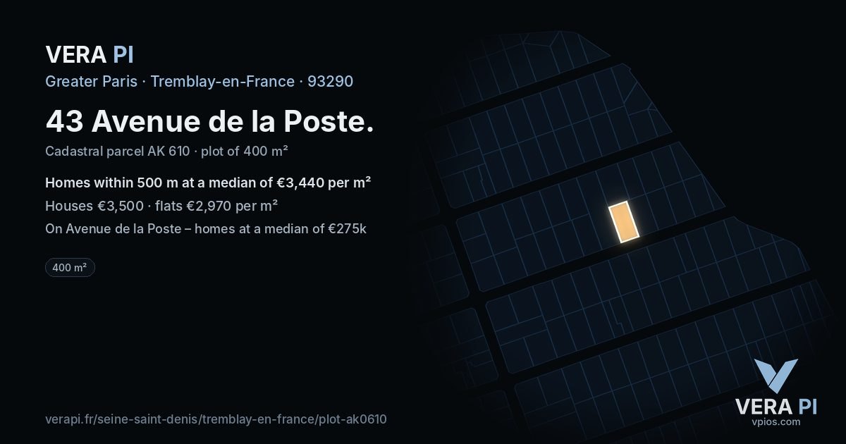 43 Avenue de la Poste, Tremblay-en-France at night – the plot lit, the parcels around coloured by the prices near them