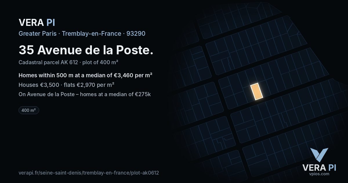35 Avenue de la Poste, Tremblay-en-France at night – the plot lit, the parcels around coloured by the prices near them