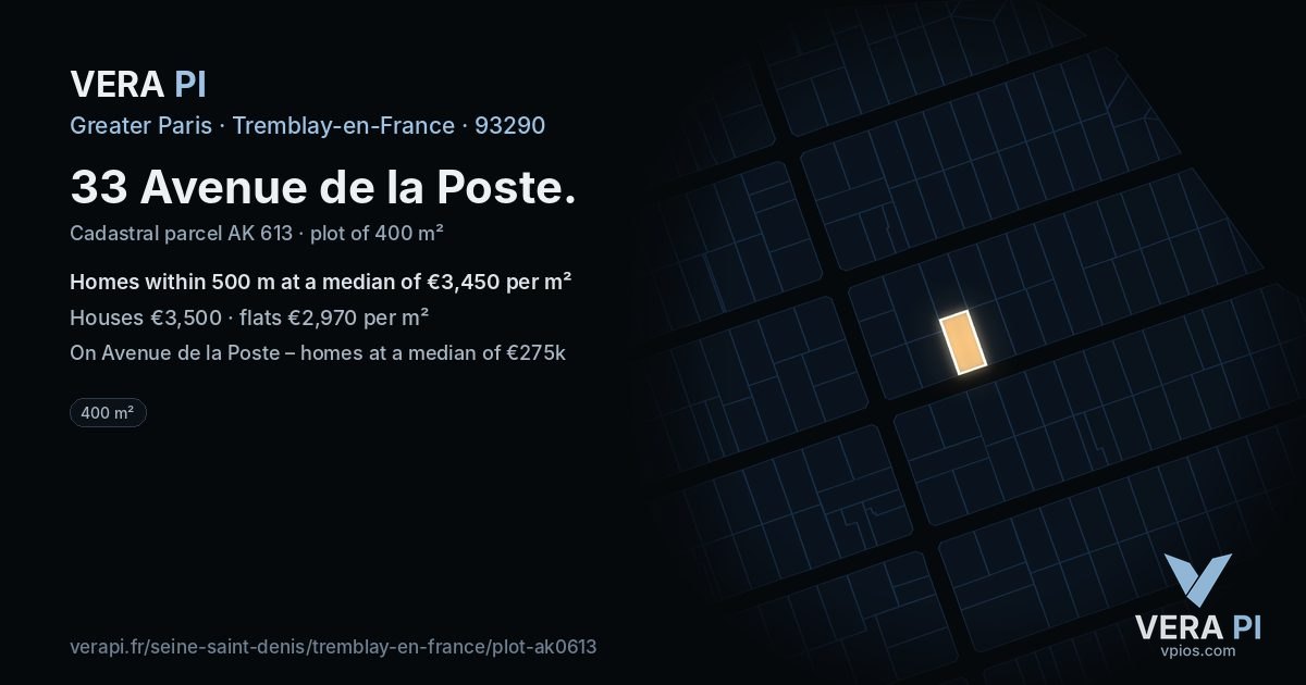 33 Avenue de la Poste, Tremblay-en-France at night – the plot lit, the parcels around coloured by the prices near them