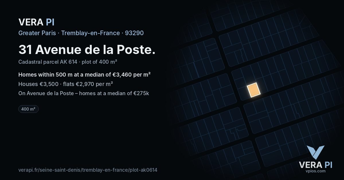 31 Avenue de la Poste, Tremblay-en-France at night – the plot lit, the parcels around coloured by the prices near them