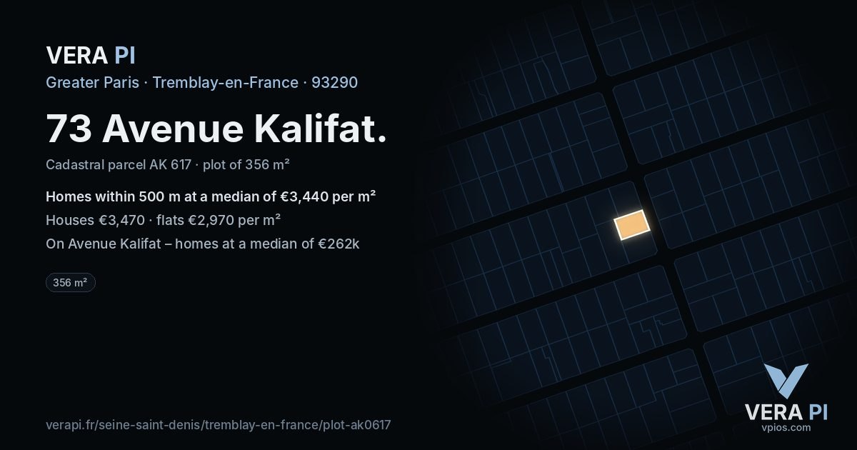 73 Avenue Kalifat, Tremblay-en-France at night – the plot lit, the parcels around coloured by the prices near them