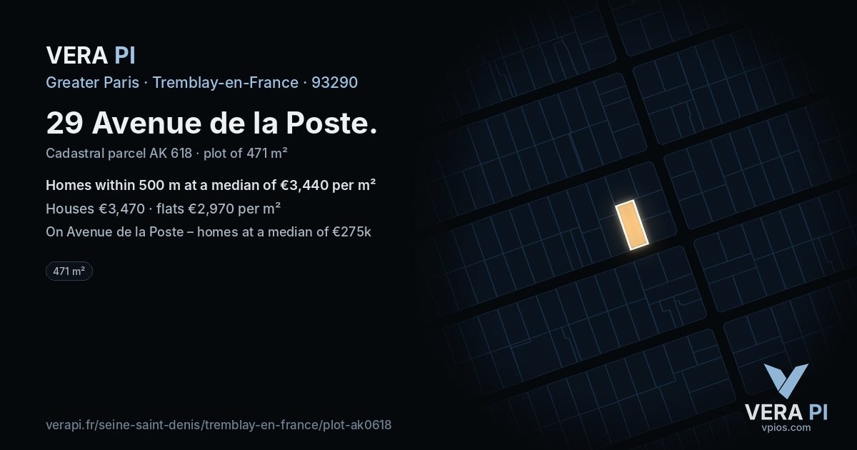 29 Avenue de la Poste, Tremblay-en-France at night – the plot lit, the parcels around coloured by the prices near them