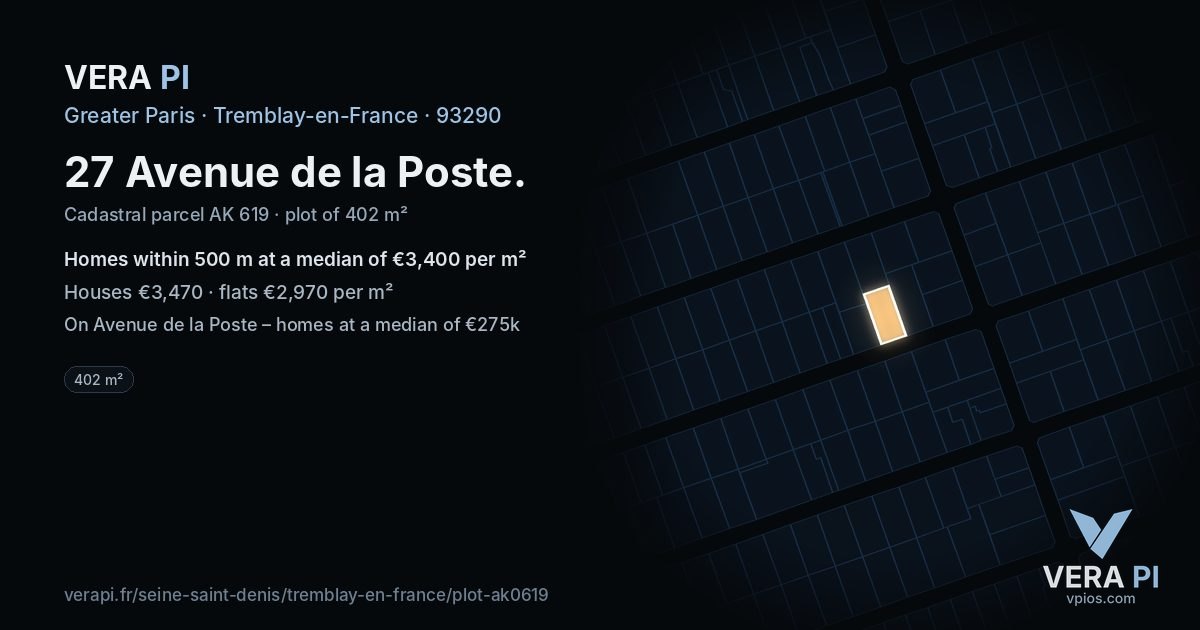27 Avenue de la Poste, Tremblay-en-France at night – the plot lit, the parcels around coloured by the prices near them