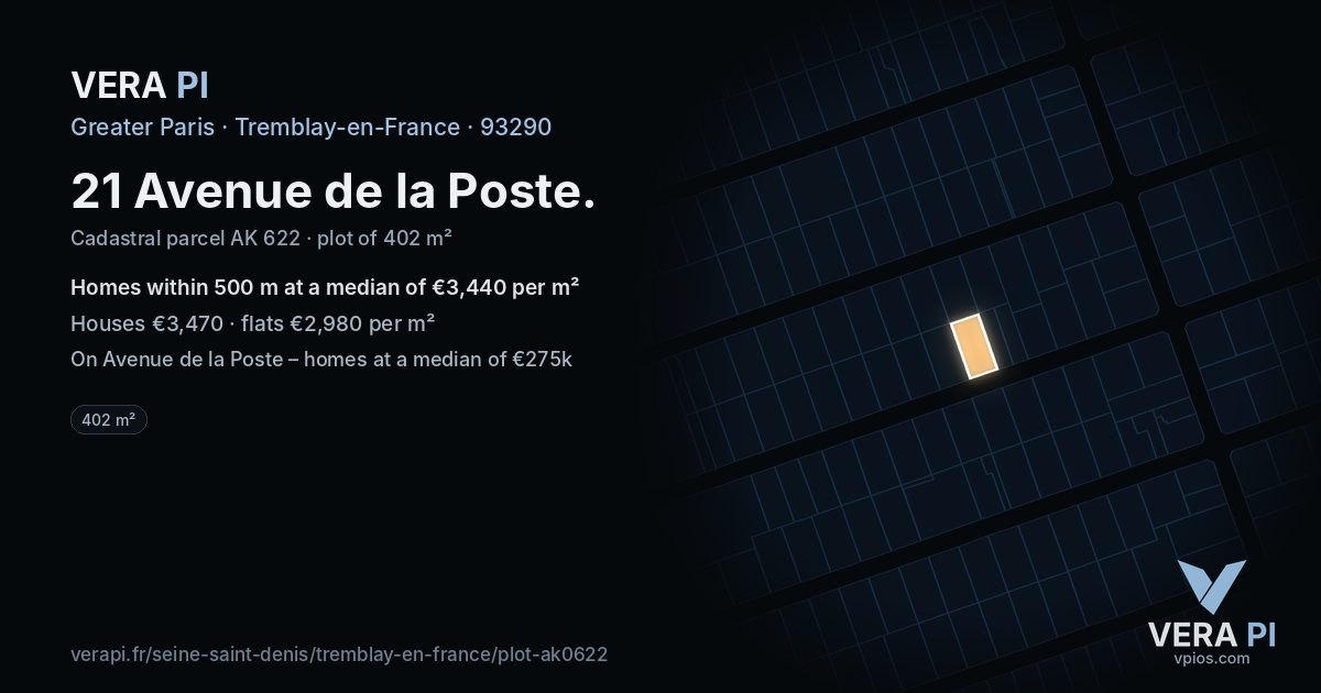 21 Avenue de la Poste, Tremblay-en-France at night – the plot lit, the parcels around coloured by the prices near them