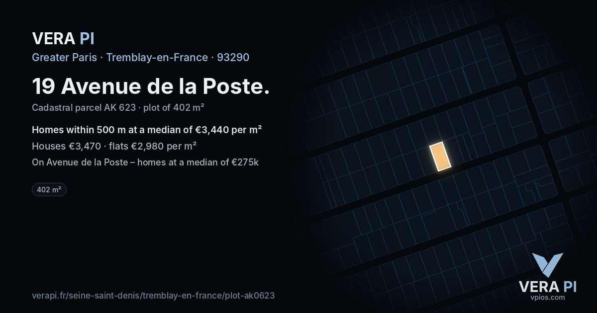 19 Avenue de la Poste, Tremblay-en-France at night – the plot lit, the parcels around coloured by the prices near them