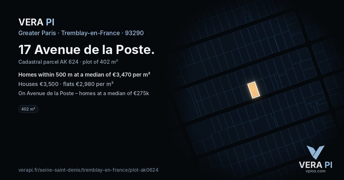 17 Avenue de la Poste, Tremblay-en-France at night – the plot lit, the parcels around coloured by the prices near them