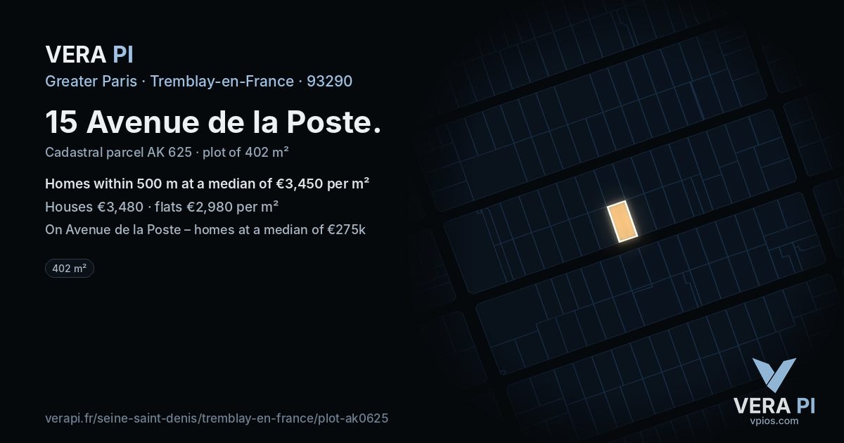 15 Avenue de la Poste, Tremblay-en-France at night – the plot lit, the parcels around coloured by the prices near them
