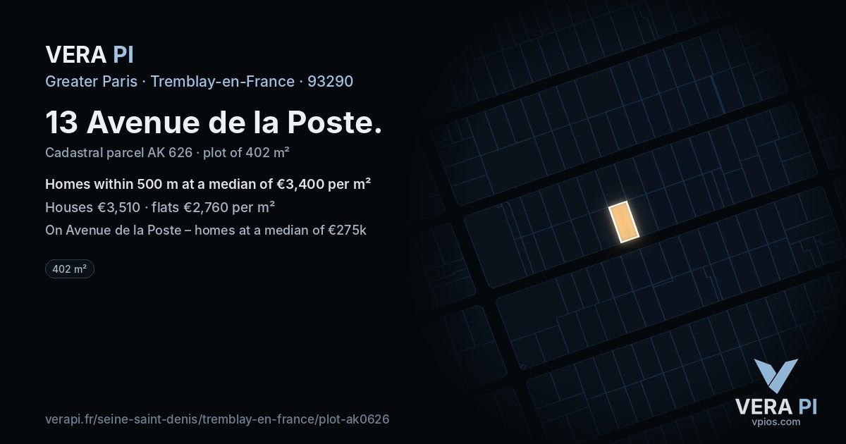 13 Avenue de la Poste, Tremblay-en-France at night – the plot lit, the parcels around coloured by the prices near them
