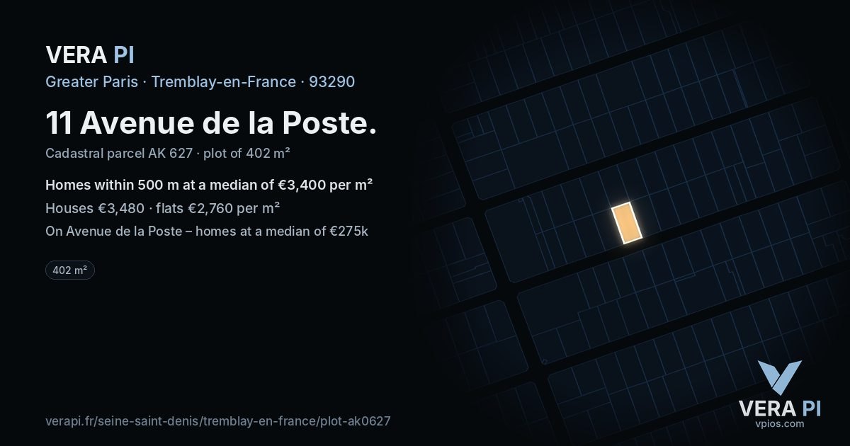 11 Avenue de la Poste, Tremblay-en-France at night – the plot lit, the parcels around coloured by the prices near them