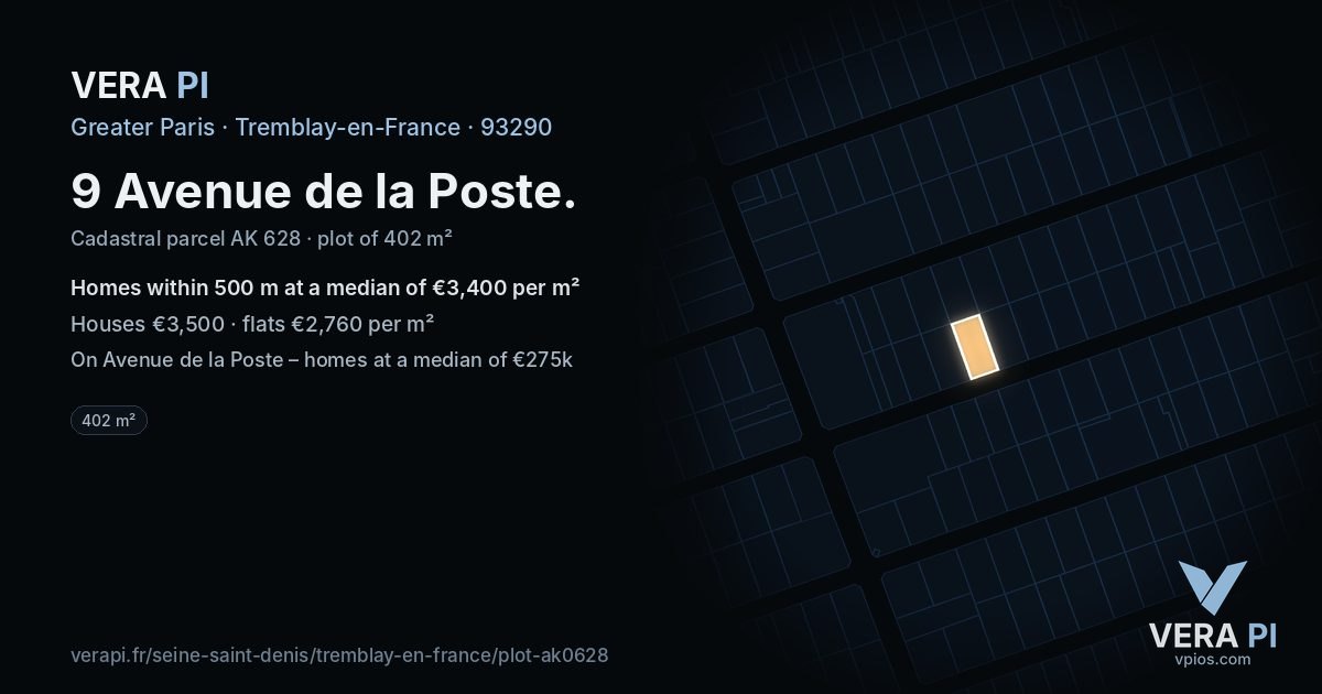 9 Avenue de la Poste, Tremblay-en-France at night – the plot lit, the parcels around coloured by the prices near them