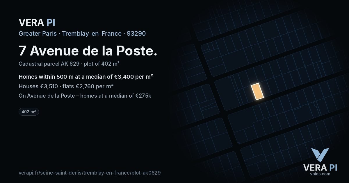 7 Avenue de la Poste, Tremblay-en-France at night – the plot lit, the parcels around coloured by the prices near them
