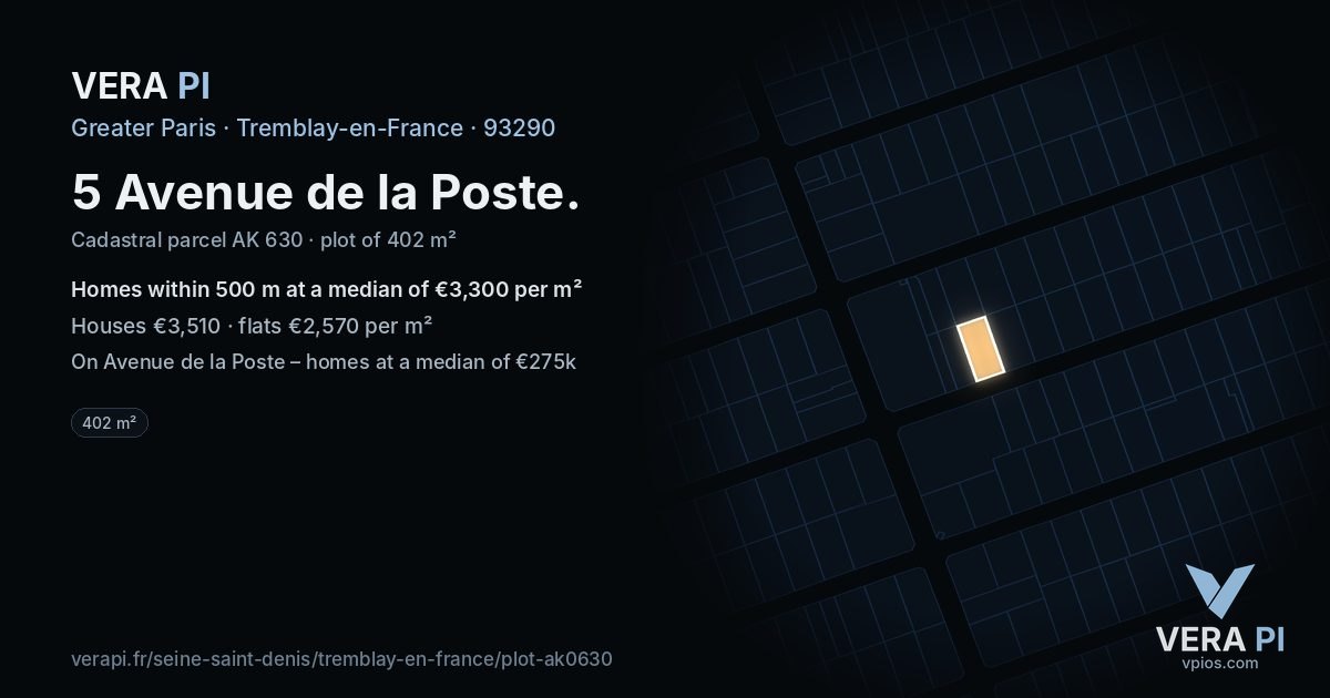 5 Avenue de la Poste, Tremblay-en-France at night – the plot lit, the parcels around coloured by the prices near them