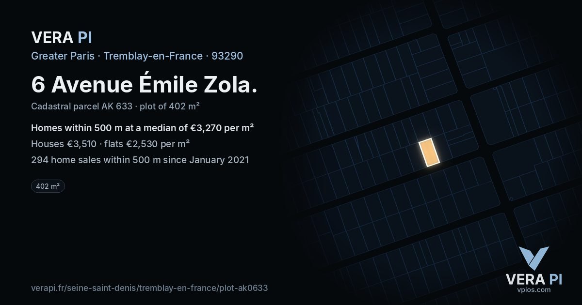 6 Avenue Émile Zola, Tremblay-en-France at night – the plot lit, the parcels around coloured by the prices near them