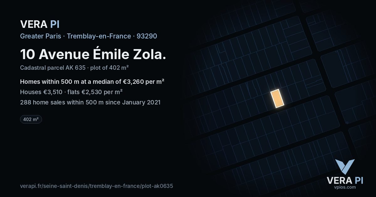 10 Avenue Émile Zola, Tremblay-en-France at night – the plot lit, the parcels around coloured by the prices near them