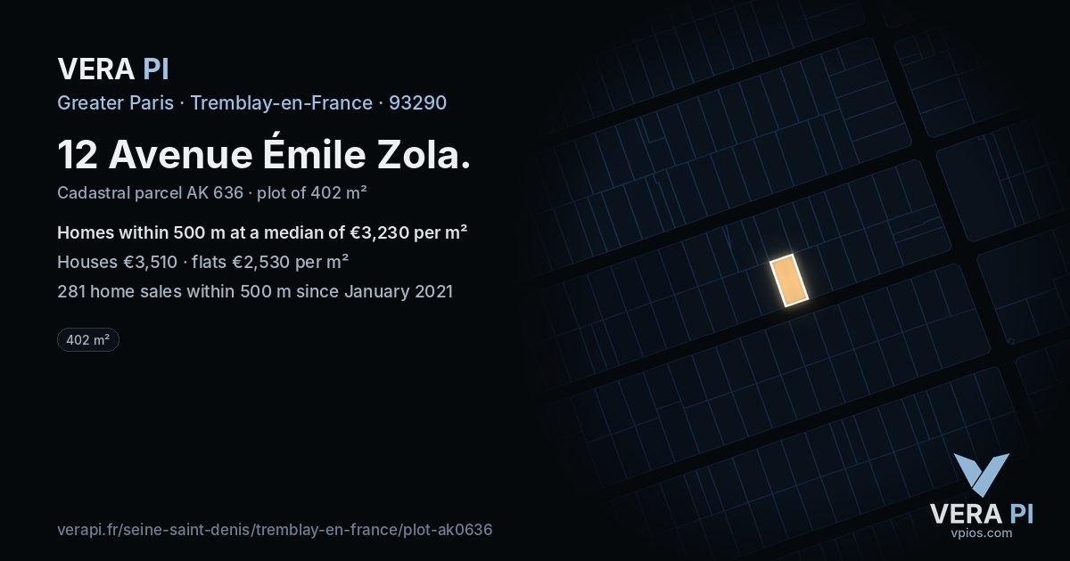 12 Avenue Émile Zola, Tremblay-en-France at night – the plot lit, the parcels around coloured by the prices near them