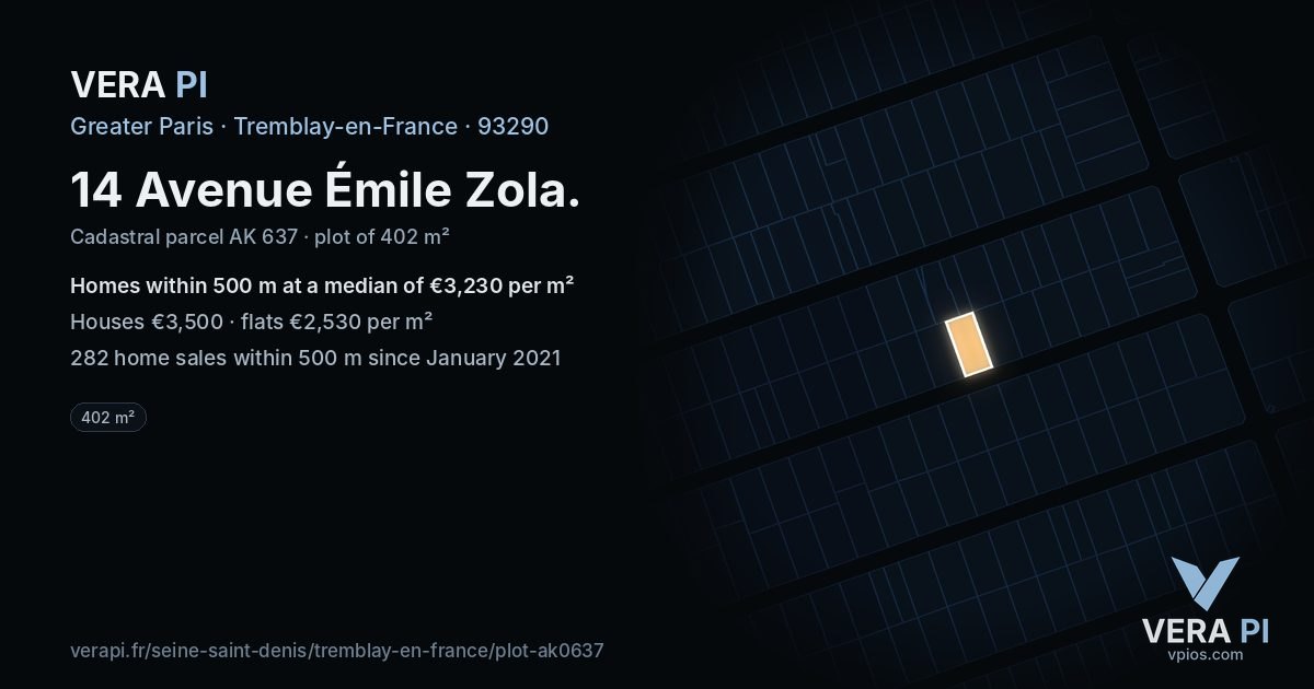 14 Avenue Émile Zola, Tremblay-en-France at night – the plot lit, the parcels around coloured by the prices near them