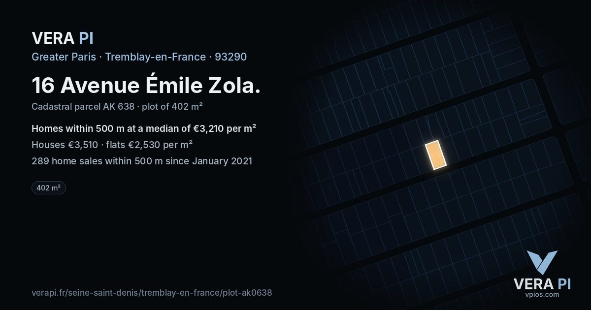 16 Avenue Émile Zola, Tremblay-en-France at night – the plot lit, the parcels around coloured by the prices near them