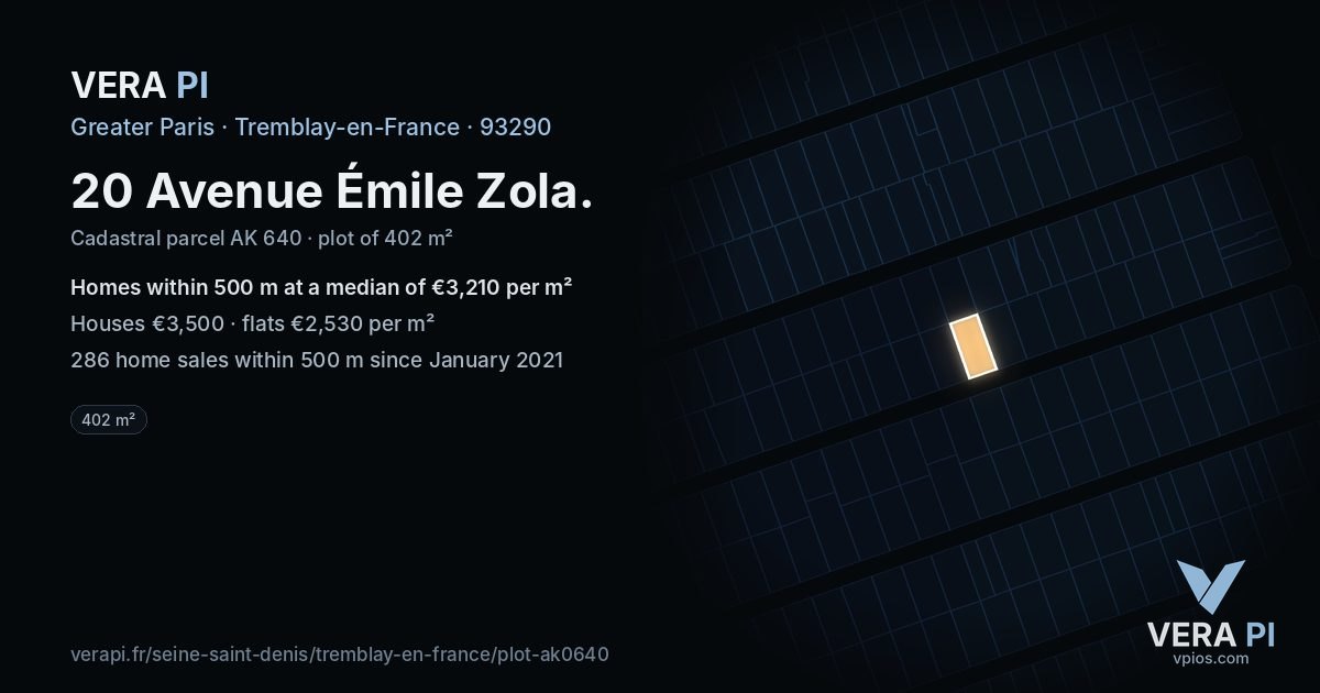 20 Avenue Émile Zola, Tremblay-en-France at night – the plot lit, the parcels around coloured by the prices near them