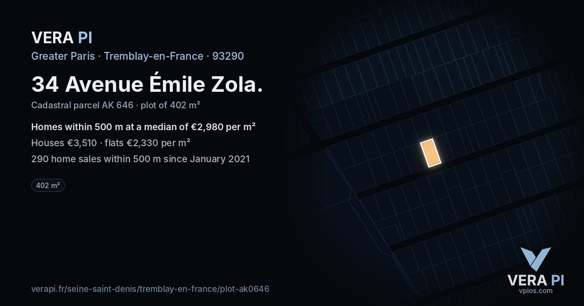 34 Avenue Émile Zola, Tremblay-en-France at night – the plot lit, the parcels around coloured by the prices near them